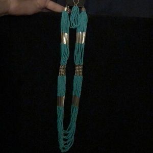 Teal and silver seed bead necklace with earrings